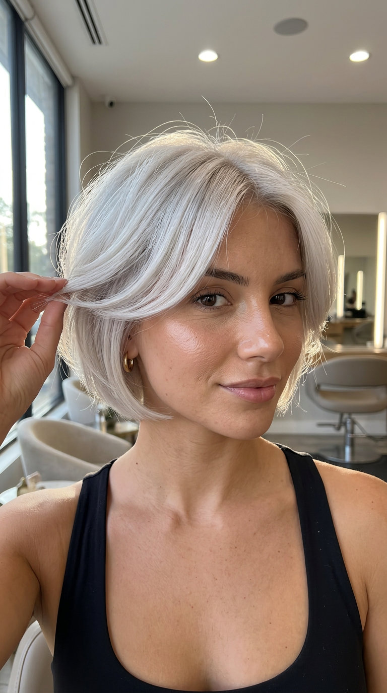 short icy platinum bixie haircut with cool white tones, swept back face-framing layers for a retro vibe