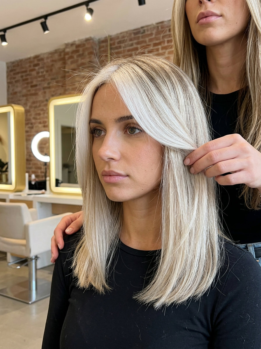 short blunt bob icy platinum blonde face-framing with high contrast for summer