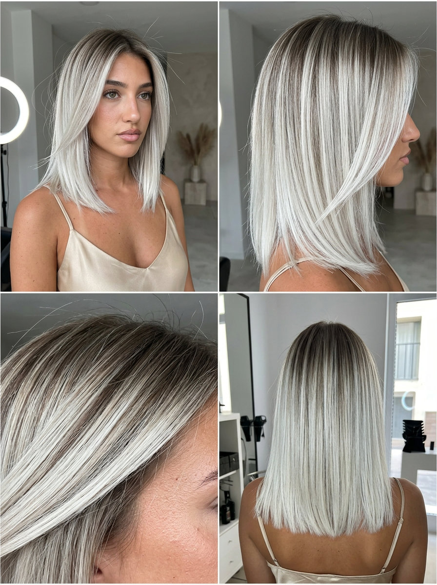 short blunt bob dark ash blonde root to icy platinum blonde melt for summer