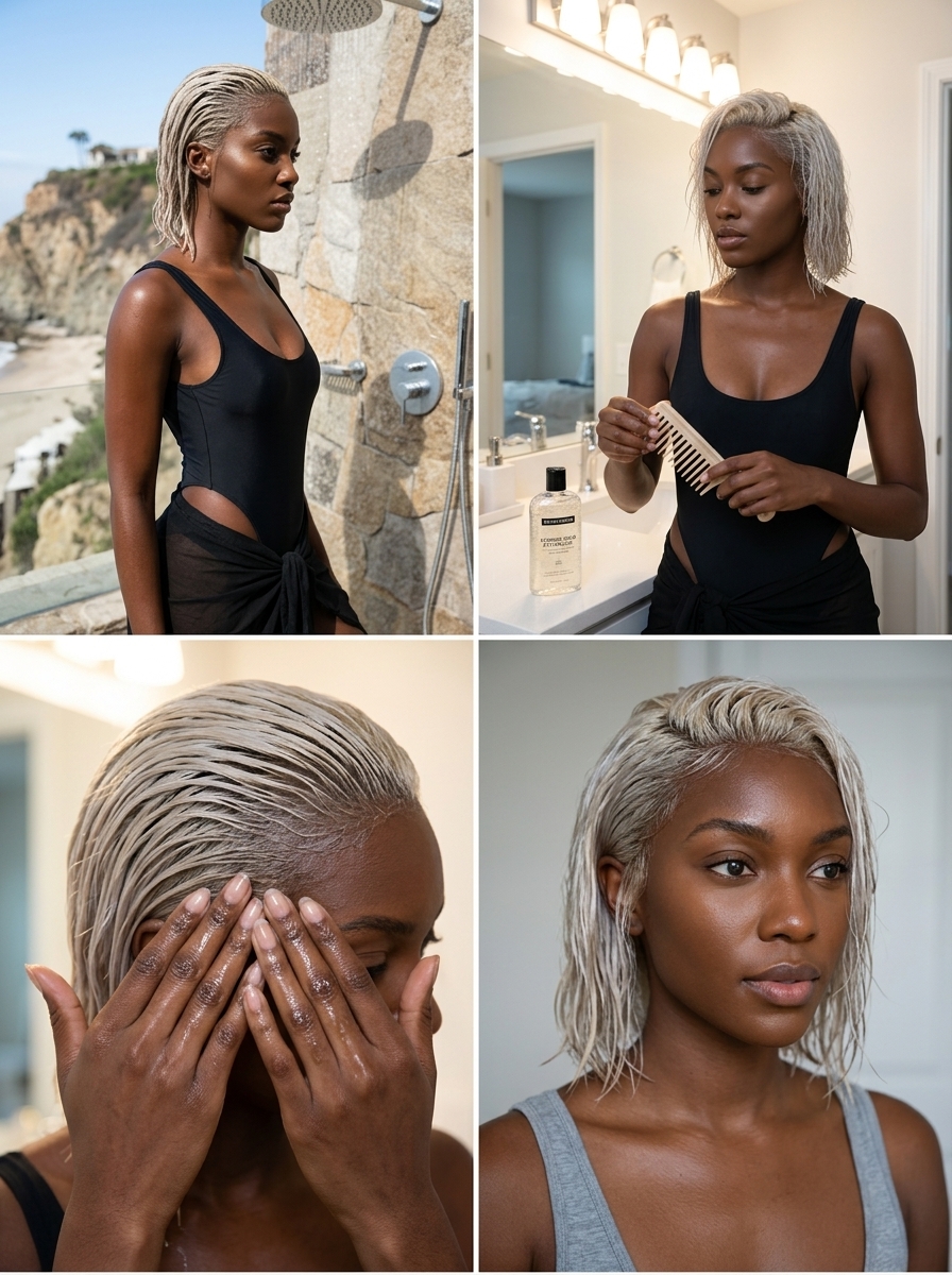 short icy platinum bob haircut with wet look, high-gloss finish, no fringe — edgy minimalist
