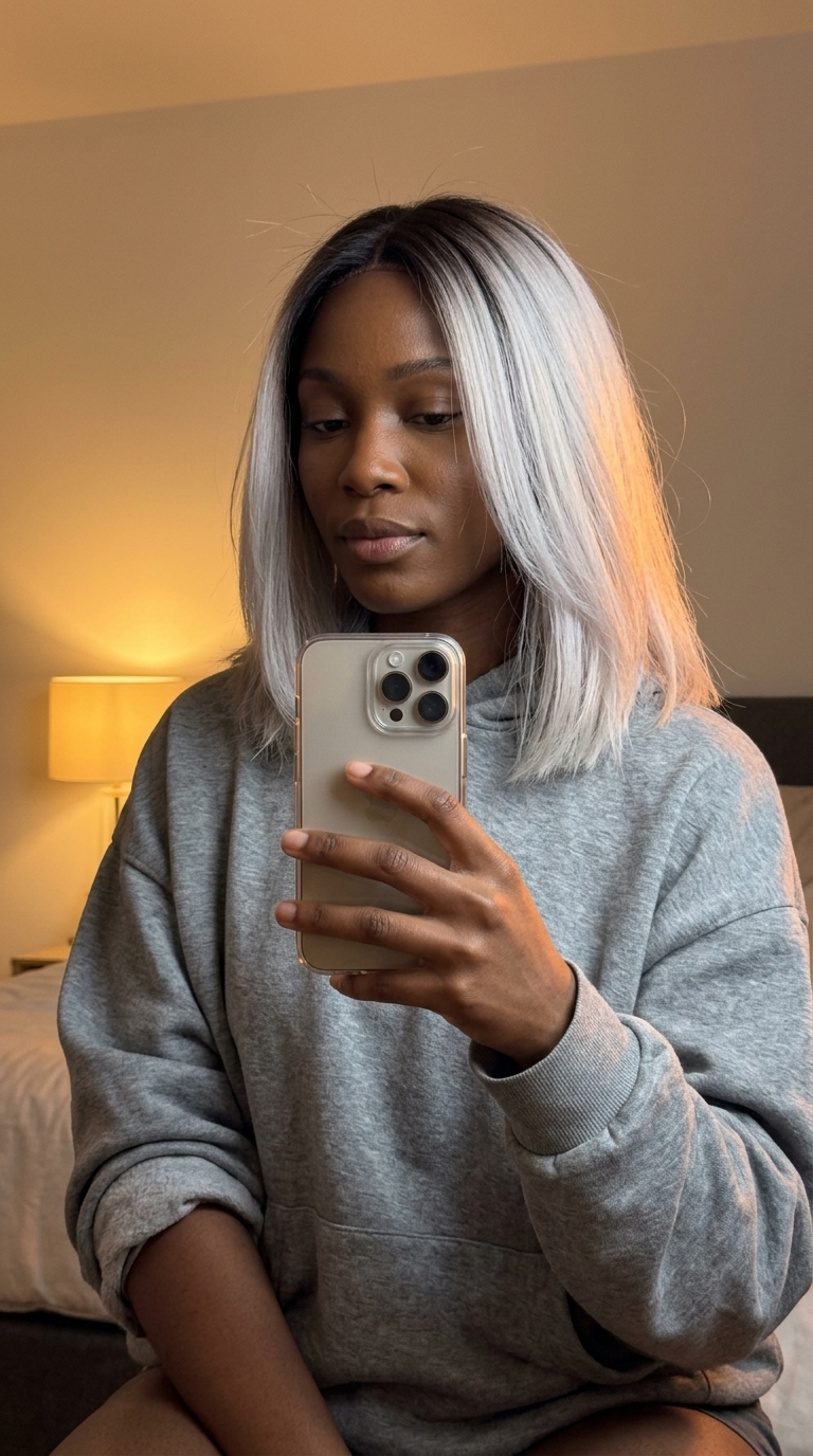 short icy platinum dip-dye with cool silver, clean line, micro-fringe — bold