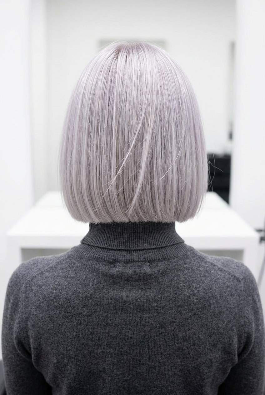 short french bob haircut in icy platinum with violet undertones, razor-sharp blunt cut, no fringe — bold cocktail party