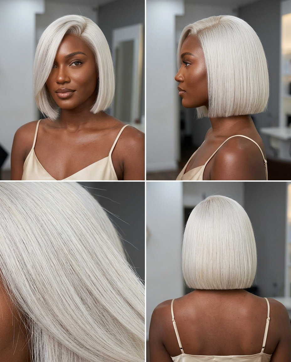 short french bob haircut in icy platinum blonde with silver toner and deep side part for evening event