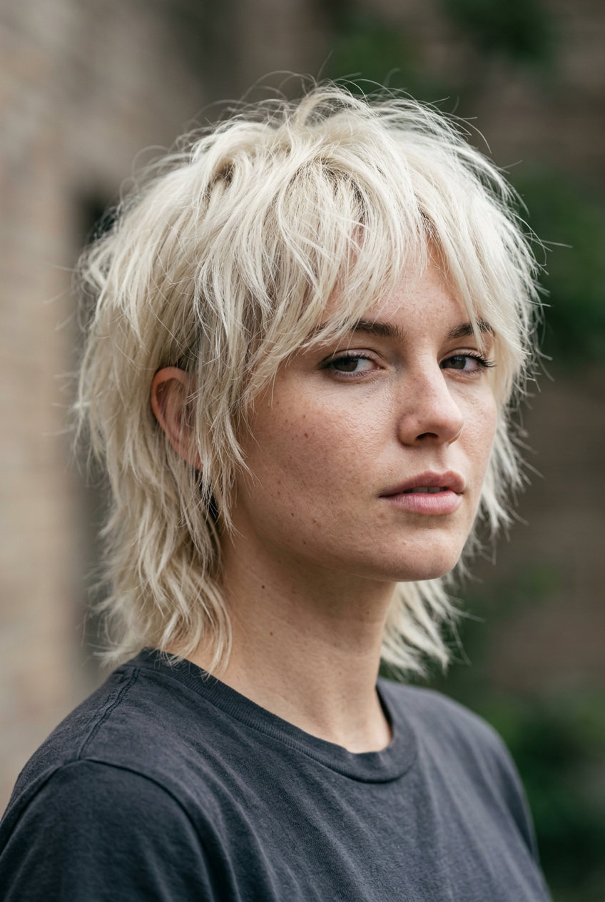 Chic Summer Wolf Cut 2026: Platinum Punk Pixie short icy platinum blonde pixie haircut with razored layers and micro-bangs for summer