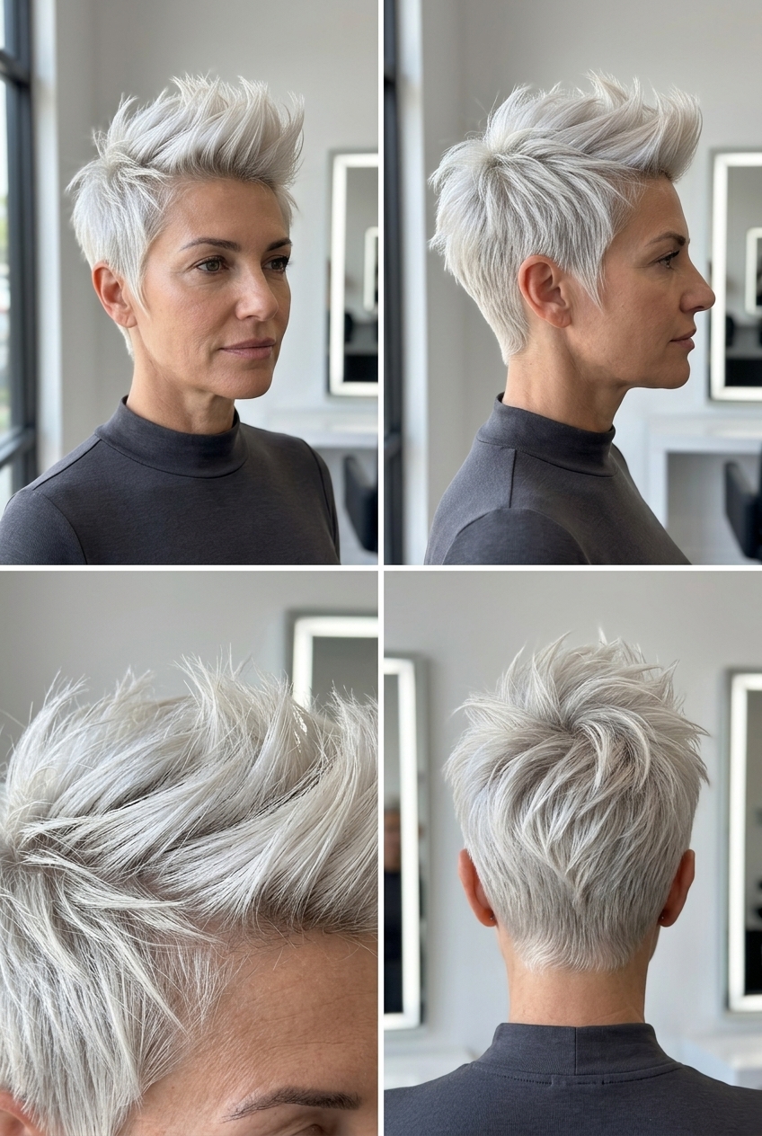 short pixie haircut in icy platinum blonde with cool silver undertones and spiky texture for summer