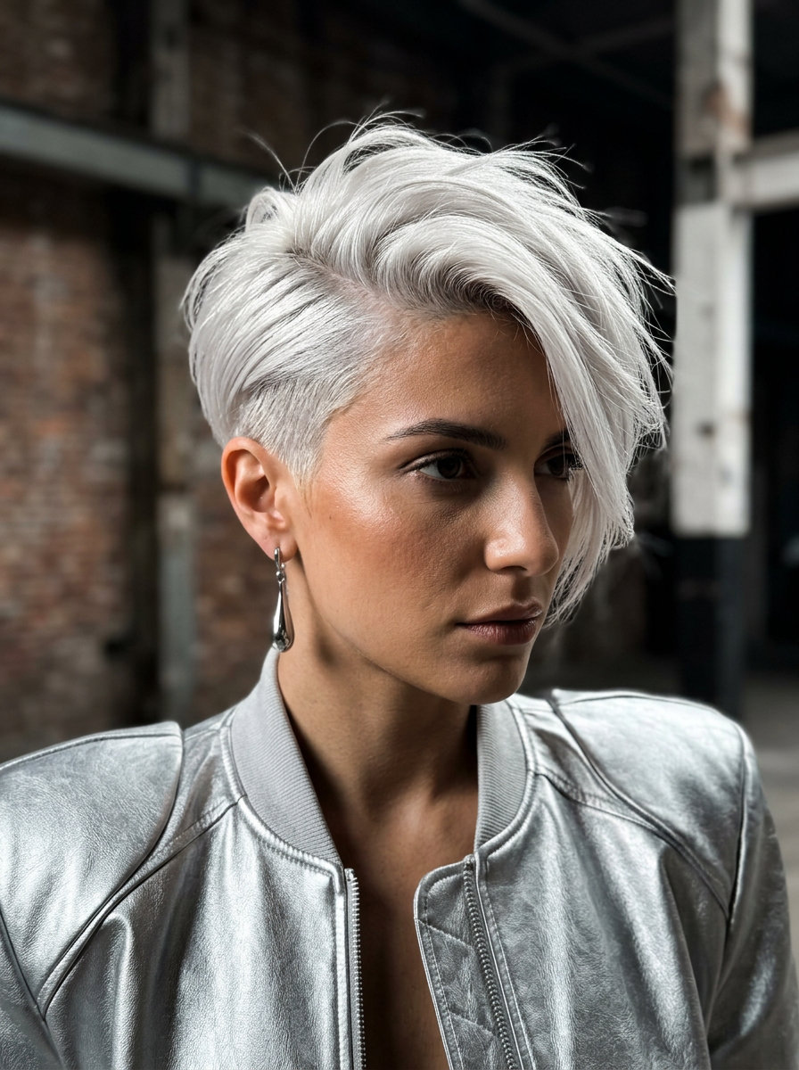 Platinum Pixie Cut 2026: Bold & Edgy short icy platinum pixie haircut with undercut and sculpted swept fringe, textured layers — edgy avant-garde festival look