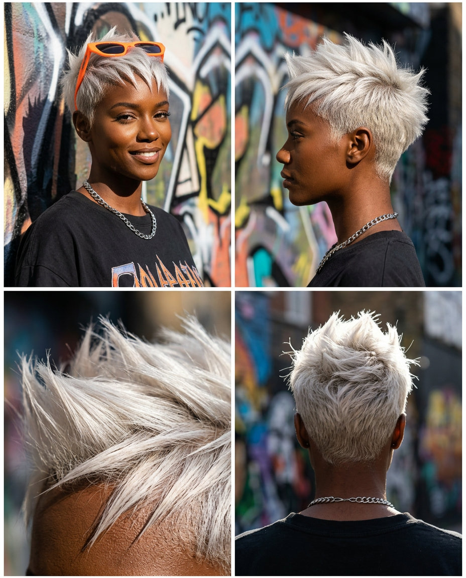 Spiky Platinum Pixie 2026: Edgy & Bold short spiky pixie haircut in icy platinum blonde with choppy fringe, textured layers — rebellious edgy concert style