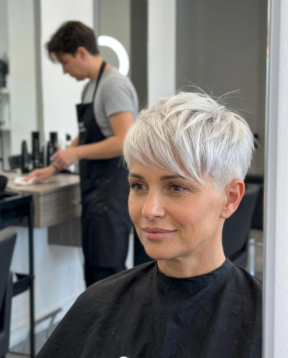Platinum Pixie: Bold Summer Haircut 2026 ultra-short pixie haircut with icy platinum blonde, clipper fade, and sculpted textured top for edgy chic