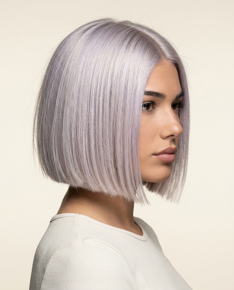 very short platinum micro bob haircut with icy violet tones, razor-cut perimeter for a futuristic look
