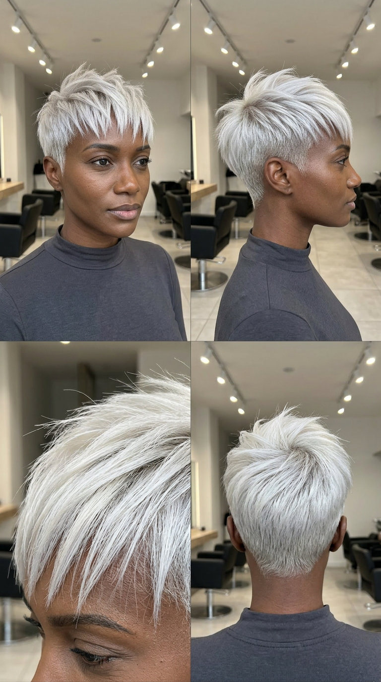 very short pixie haircut in icy platinum blonde, razored layers, choppy bangs — bold edgy look