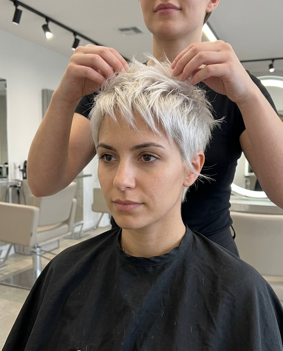 very short pixie haircut with icy platinum blonde, razored texture, and spiky finish for rebellious avant-garde style