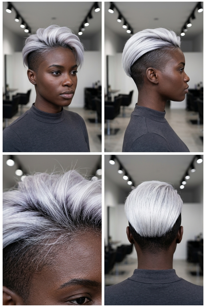 very short icy platinum undercut with silver-violet tones, buzz cut sides — edgy rebellious bold