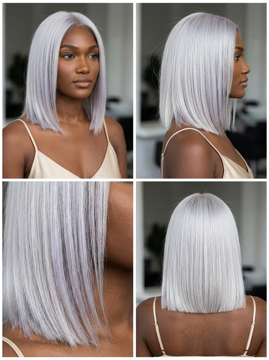 short icy silver blonde lob with violet undertones, double-process lift, blunt cut — chic professional