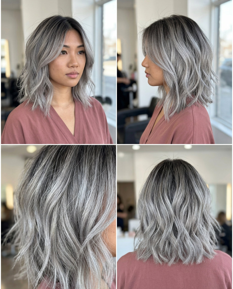 medium icy silver lob haircut with charcoal root, razored texture and asymmetrical perimeter for festival