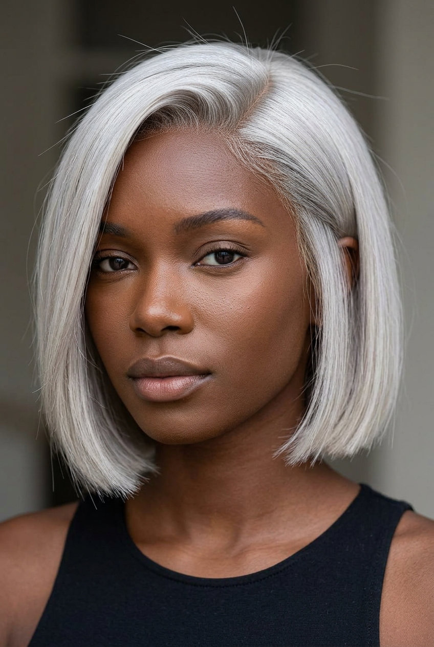 short blunt bob with icy silver platinum blonde, razor-sharp perimeter, no fringe — edgy night out