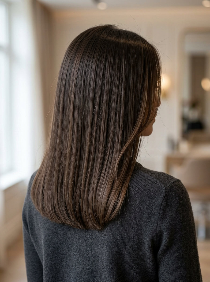 long ink-wash brunette face-framing gloss with subtle light brown, acidic gloss, no fringe — minimalist summer refined