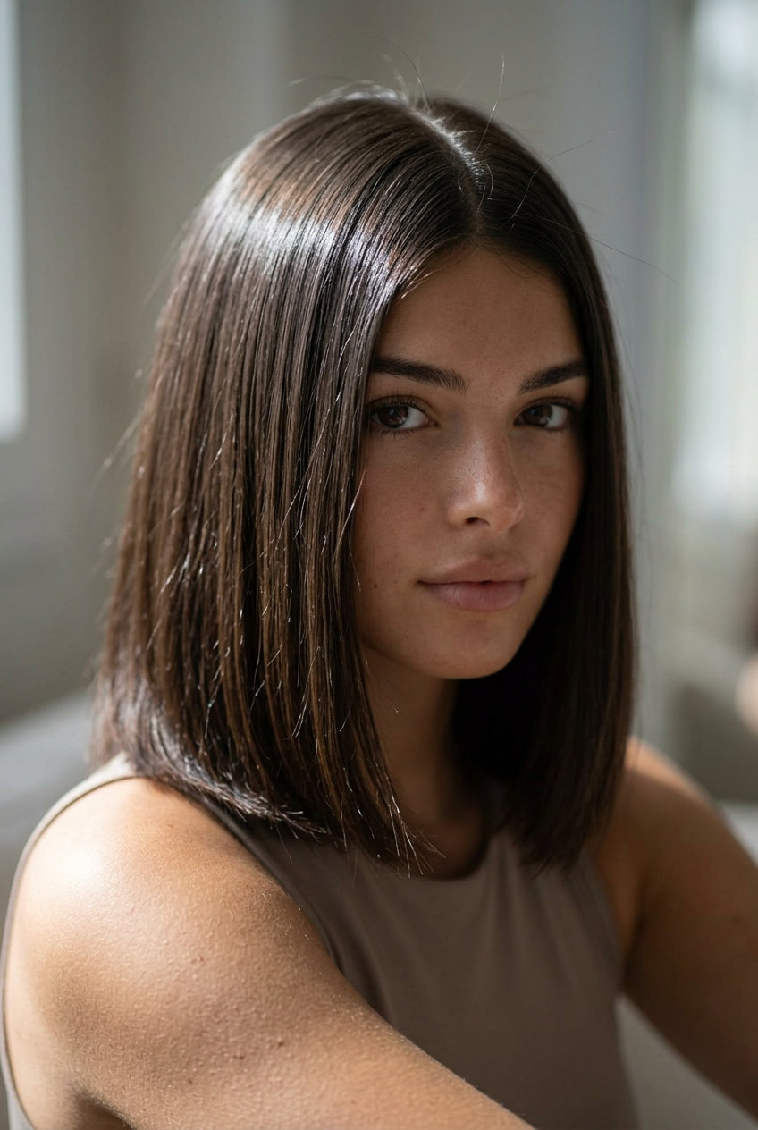 long ink-wash brunette gloss with translucent black, acidic gloss, no fringe — polished summer professional
