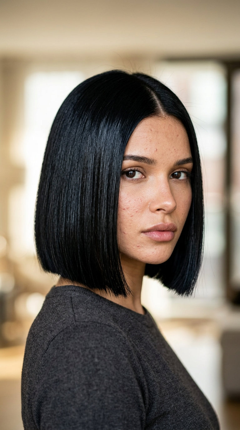 chin-length blunt bob in jet black, sculpted, chic — evening event