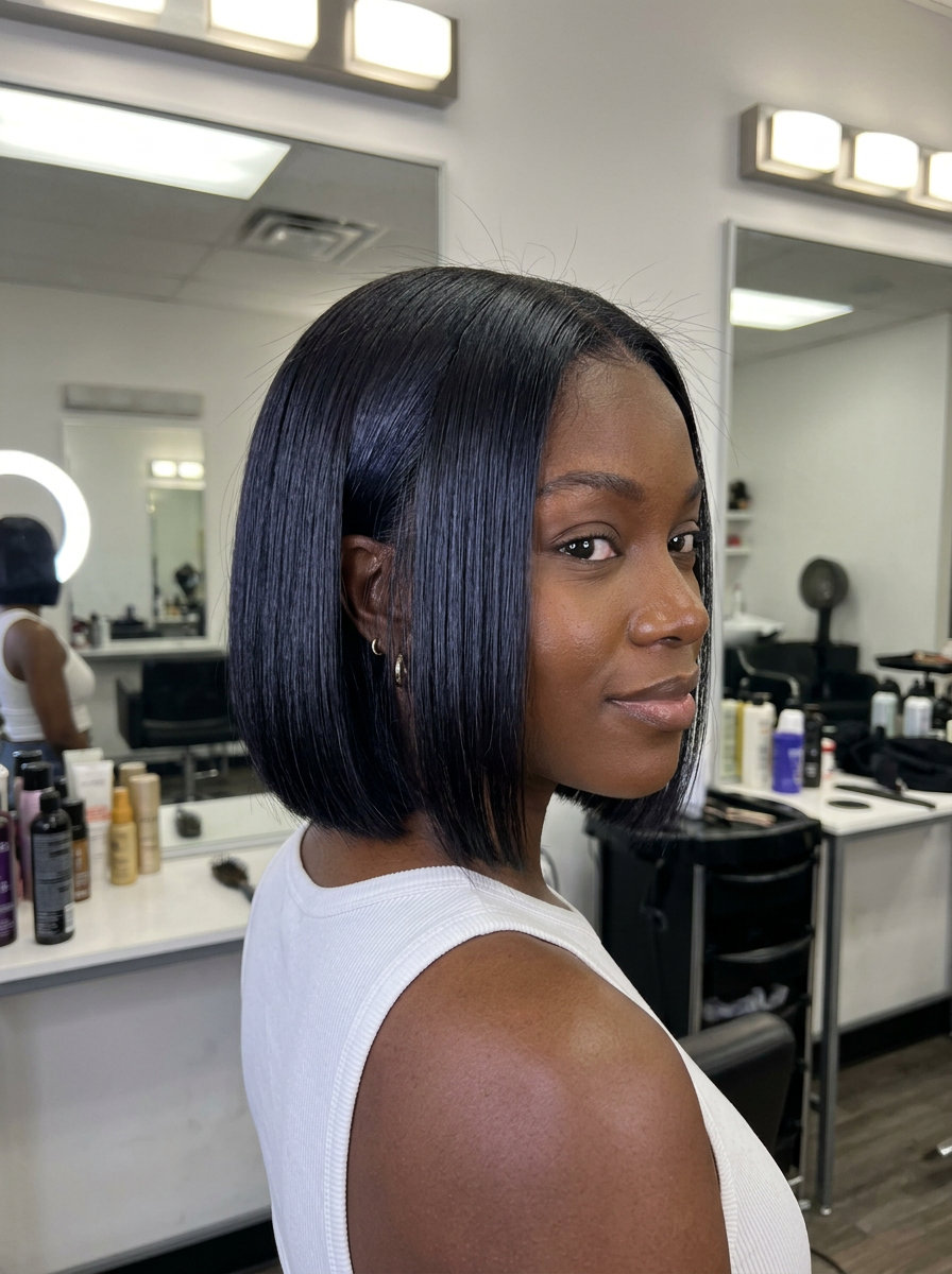 chin-length blunt bob haircut in jet black, sharp perimeter, no bangs — dramatic edgy