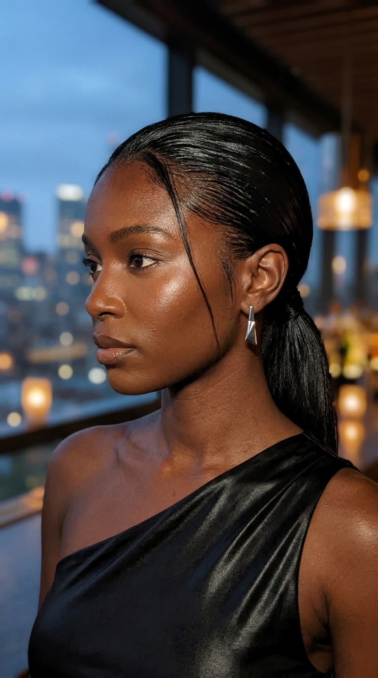 long jet black slicked-back ponytail with high shine, no fringe — avant-garde, modern summer look