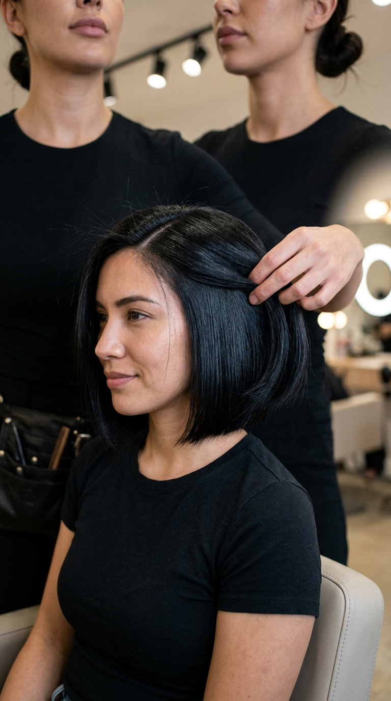 short jet black bixie haircut with cool blue-black undertones, blunt cut for a sleek and bold look