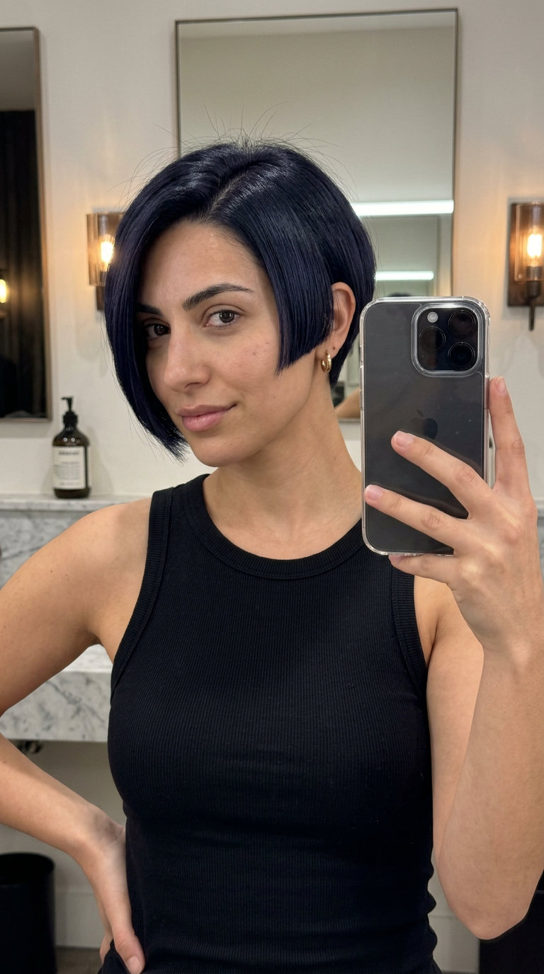 short blunt jet black haircut with deep side part and no fringe for bold elegance