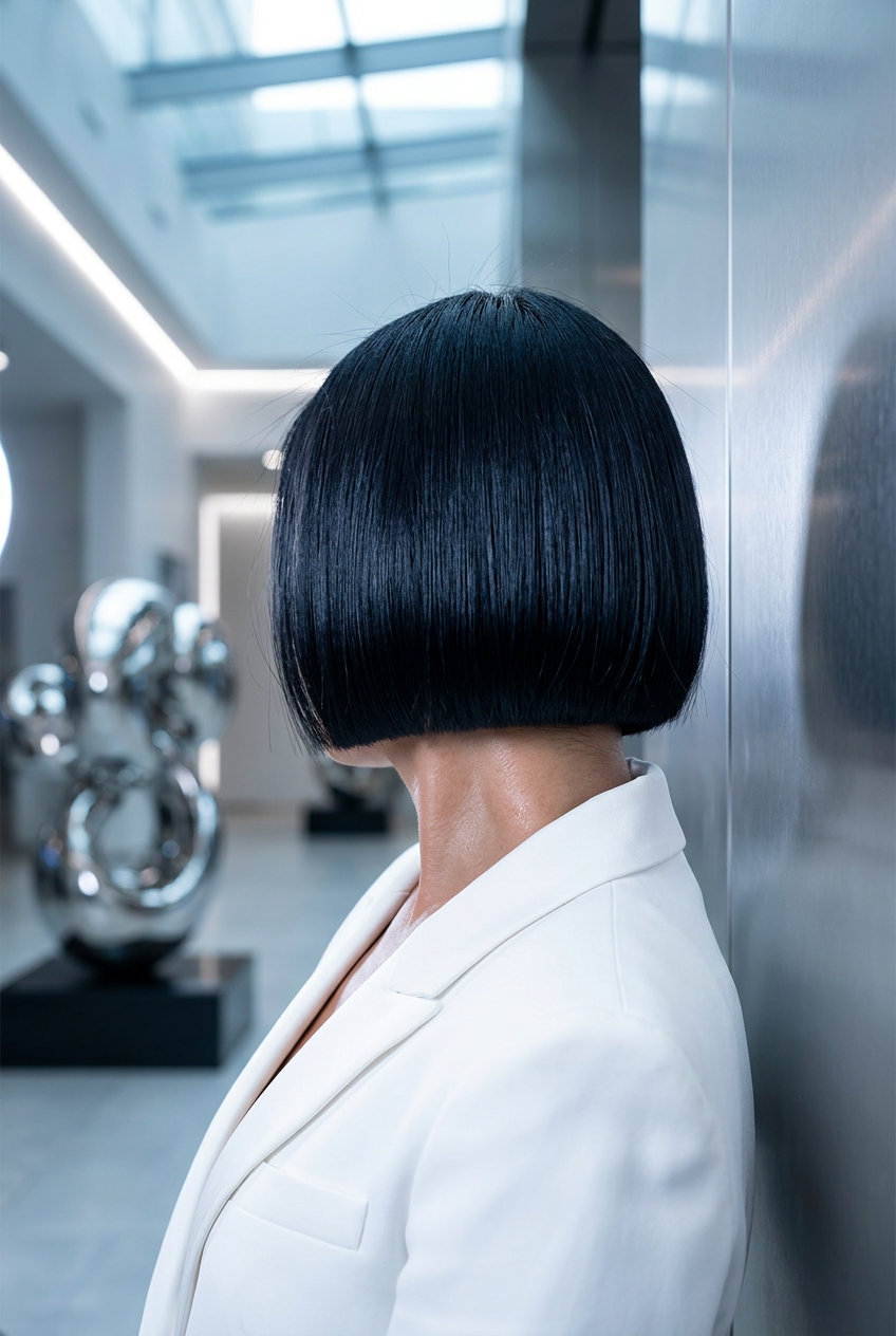 short blunt bob with jet black and blue-black undertones for summer
