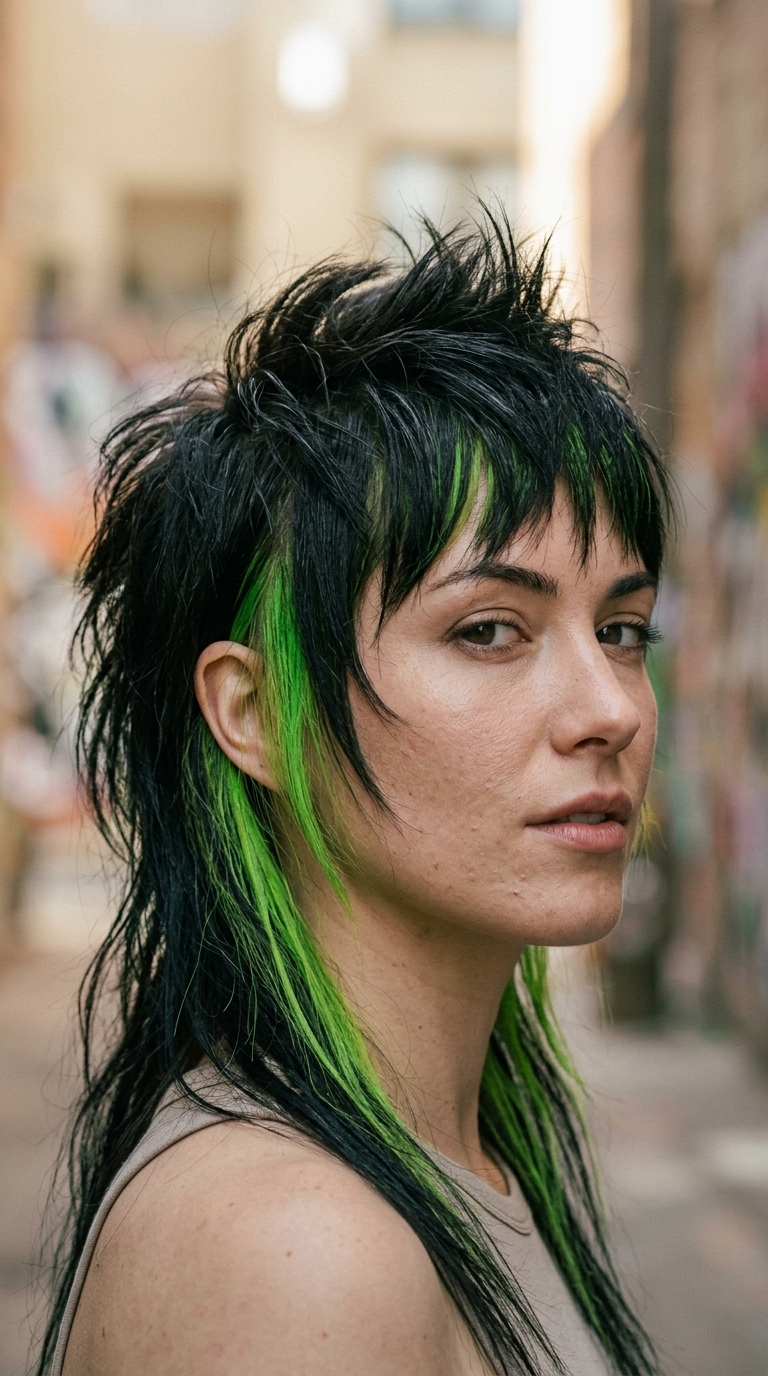short jet black mullet with cyber lime accents and choppy micro-fringe for edgy vibes