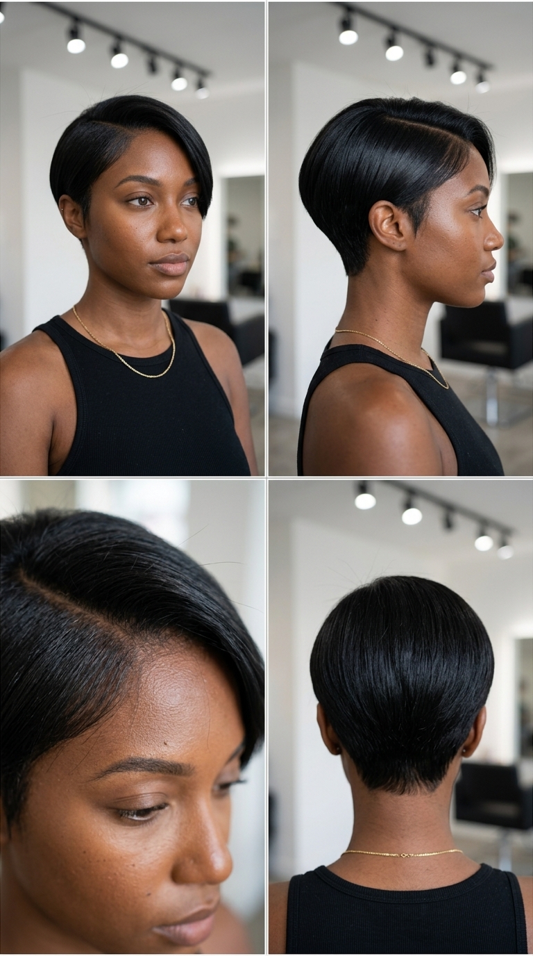 very short pixie haircut with jet black gloss and blunt cut for gala