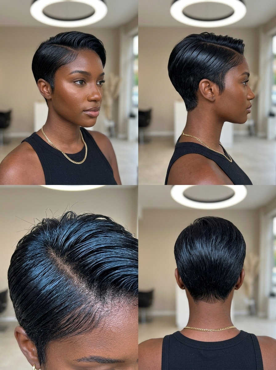 very short micro-pixie haircut in jet black with blue undertones, slicked-back style with high gloss for a bold statement