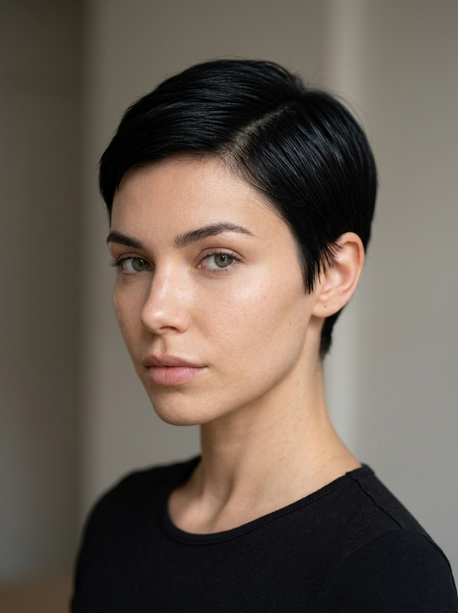 very short pixie haircut in natural jet black with high-gloss finish, meticulously tapered sides for a sophisticated look