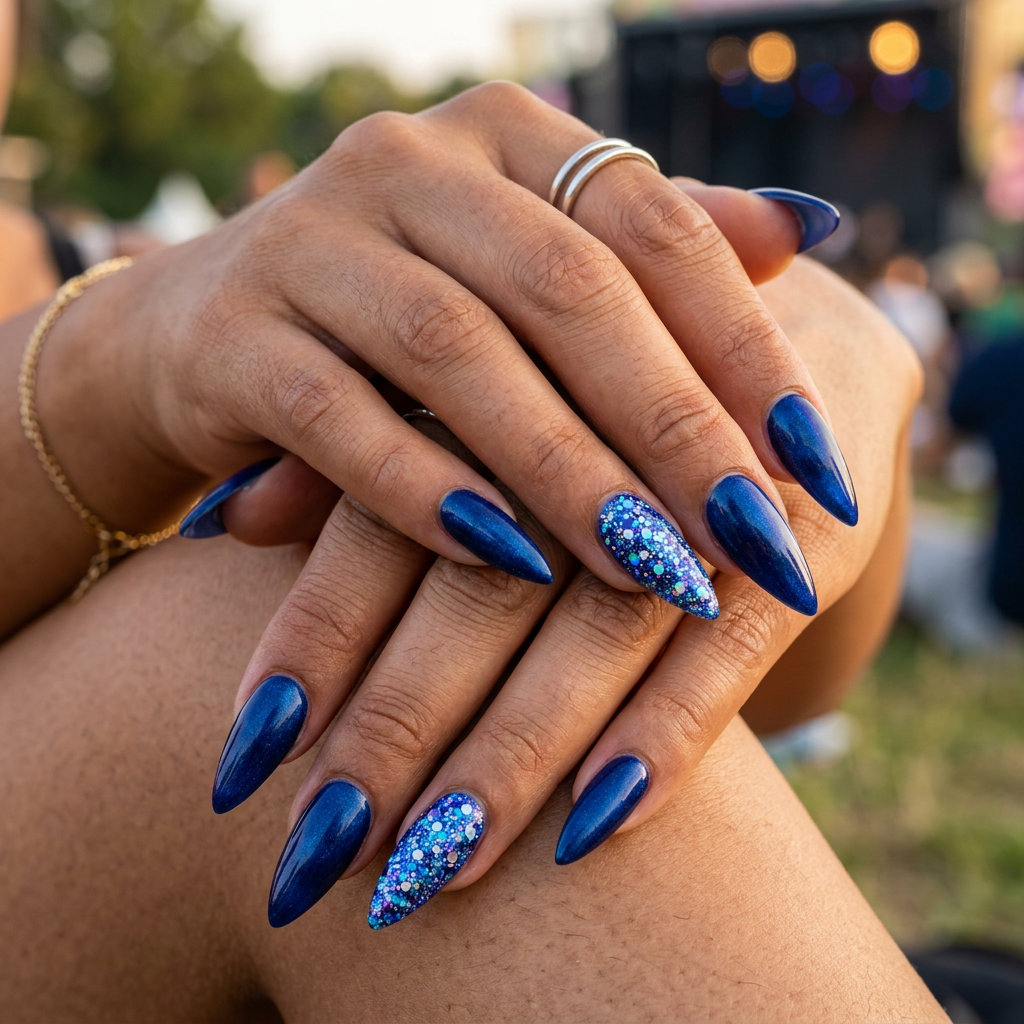 Cosmic Glitter Stiletto Nails 2026 | Festival Glam Cosmic blue stiletto nails with holographic glitter. June nails ideas - summer ideas 2026.
