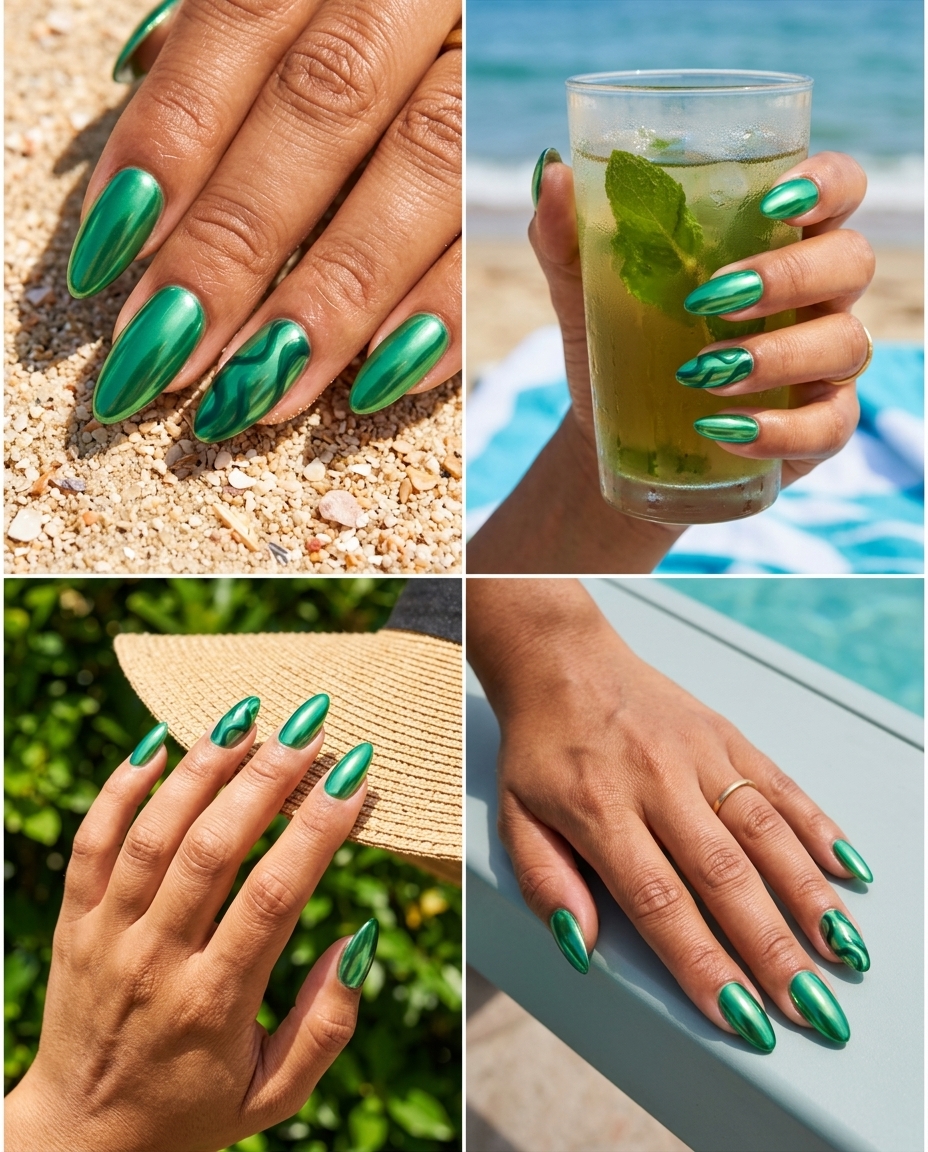 Emerald Chrome Swirl Almond Nails 2026 | Mystical Summer Emerald green chrome almond nails with swirls. June nails ideas - summer ideas 2026.