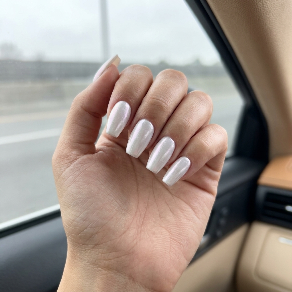 Pearlescent White Coffin Nails 2026 | Romantic Ethereal Pearlescent white coffin nails with silver shift. June nails ideas - summer ideas 2026.