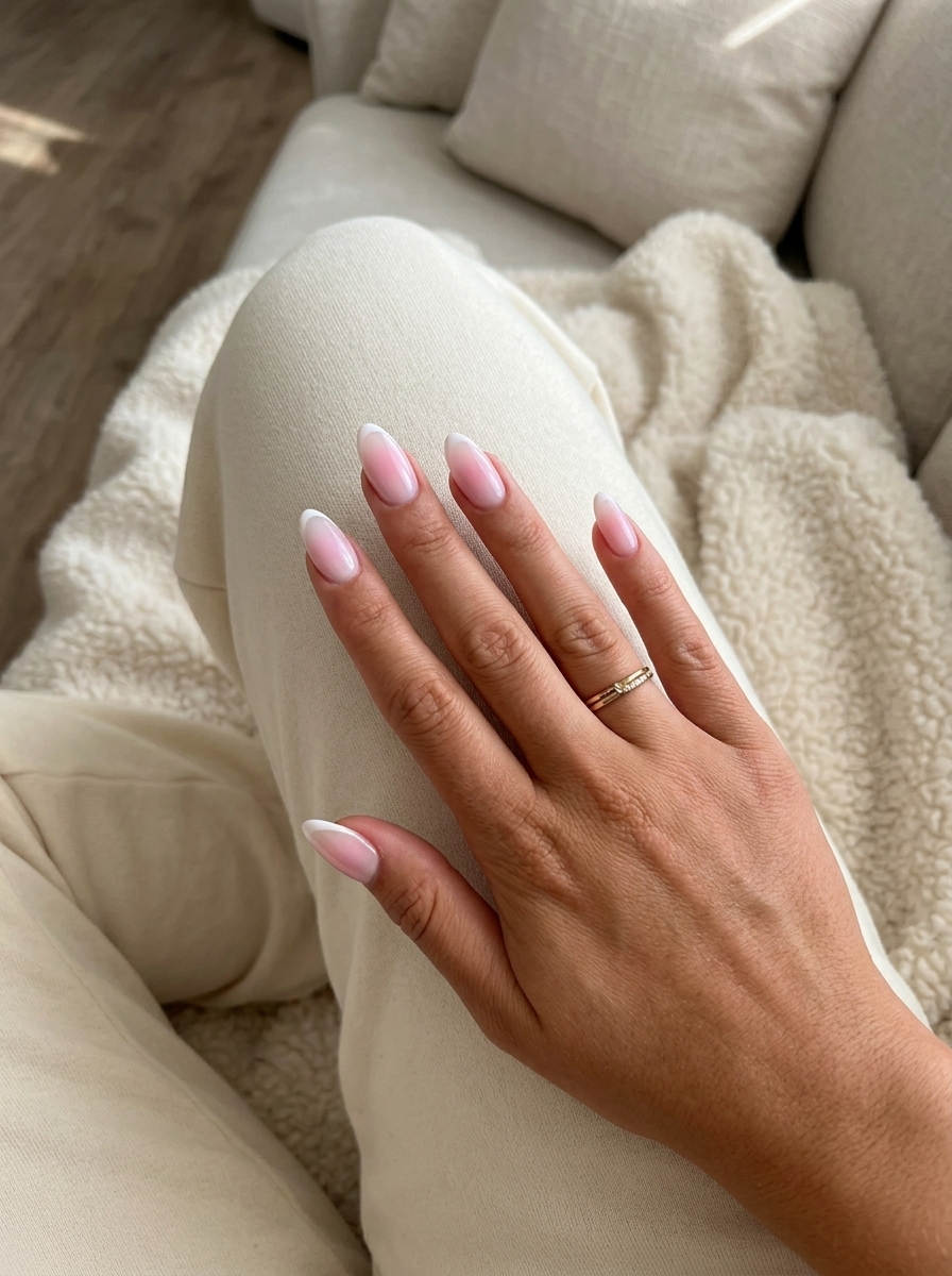 Blush Aura French Almond Nails - June Ideas 2026 Blush Aura French Almond nails: pastel pink aura with white tip for summer 2026.