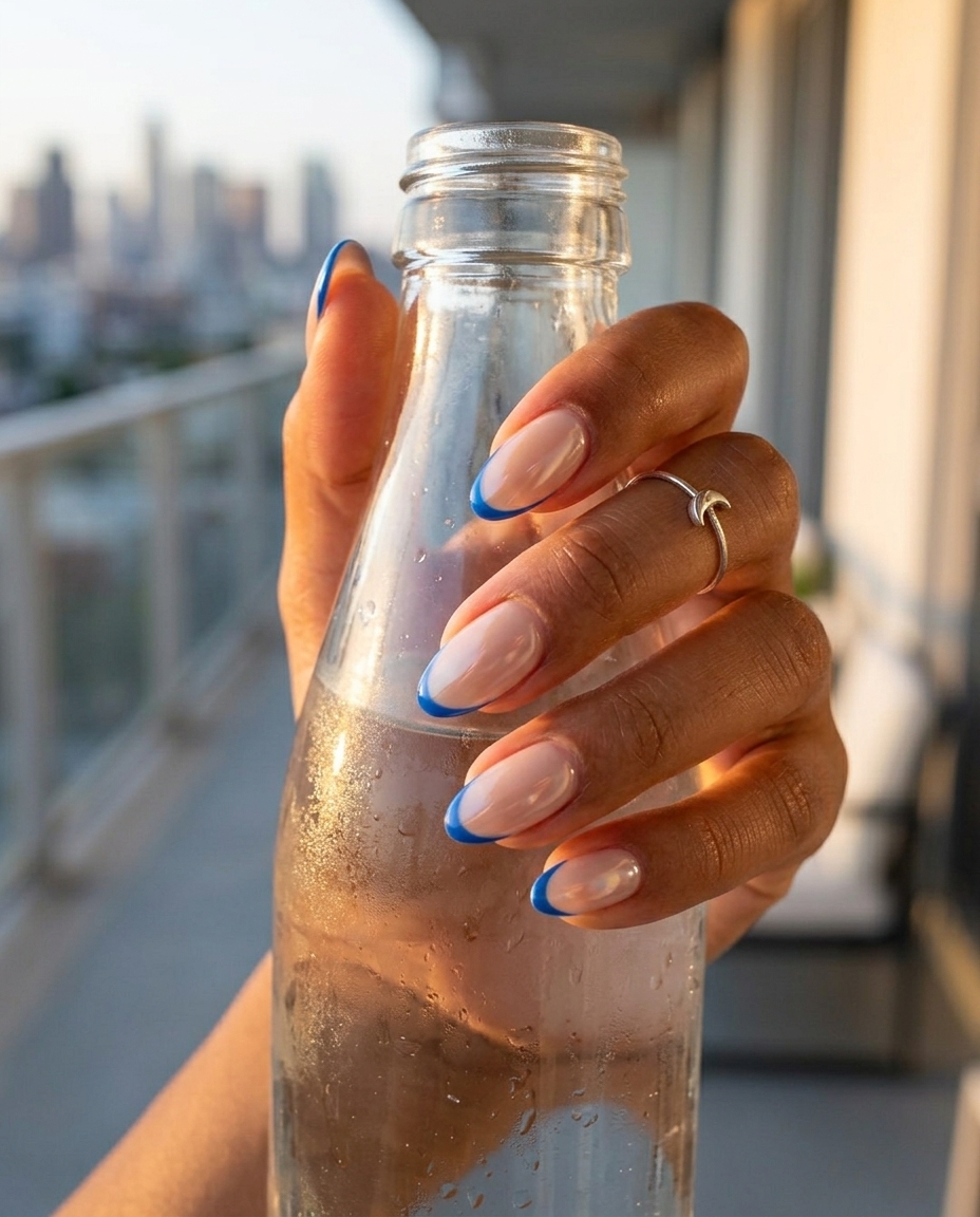 Electric Micro French nails: electric blue tip on natural base for summer 2026.