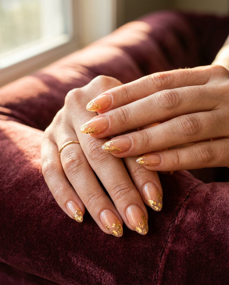 Gold Foil Almond Nails - June Ideas 2026 Gilded Summer Almond nails: gold foil flakes on warm nude for summer 2026.