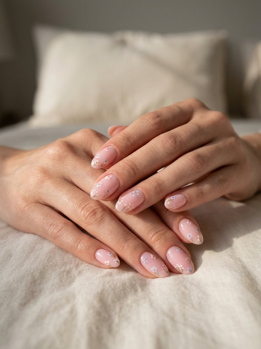Ethereal Milk Bath Oval Nails 2026 Ethereal Milk Bath Oval nails: sheer milky pink with pastel florals. June nails ideas - summer ideas 2026.