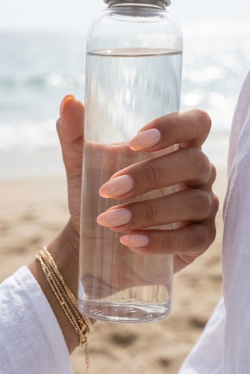 Shimmering Peach French Nails 2026 Shimmering Peach Dream oval nails: nude base, peach French tip. June nails ideas - summer ideas 2026.