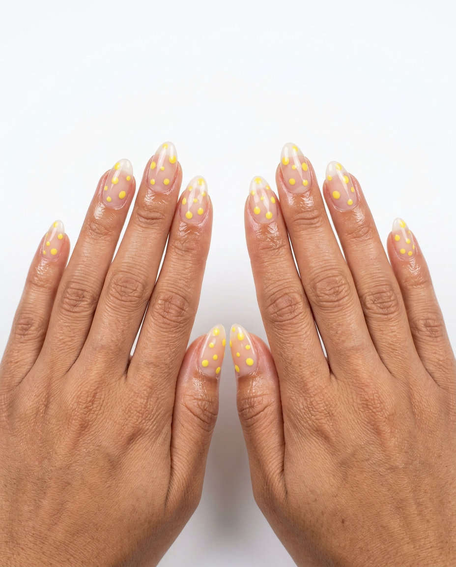 Yellow Dot Almond Nails - June Ideas 2026 Sunny Dotty Almond nails: bright yellow dots on clear gloss for summer 2026.