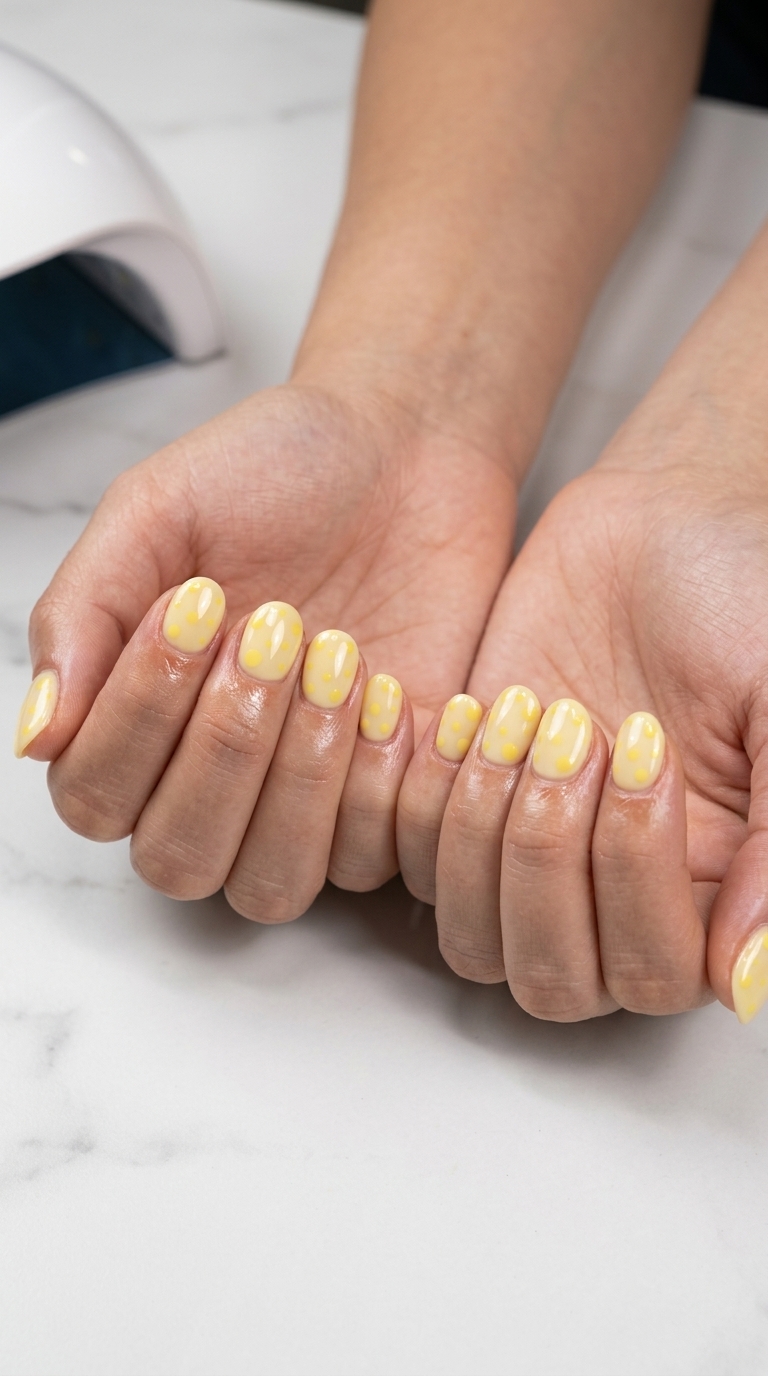 Yellow Dot Nails - June Ideas 2026 Sunshine Dot Play nails: milky yellow dots on sheer pale base for summer 2026.
