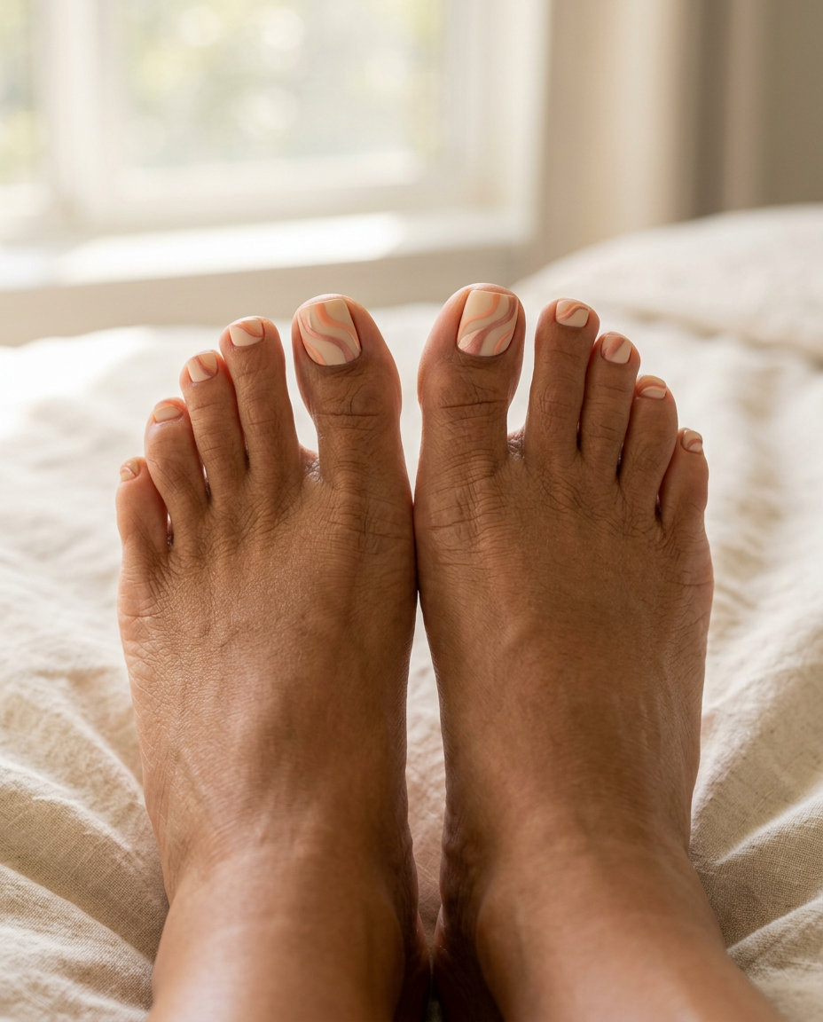 June toe nails ideas 2026: Bohemian peach parfait abstract swirls with matte finish.