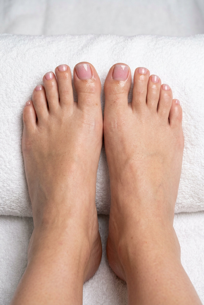 Sheer Pink Glitter Fade pedicure: glamorous pink fade with iridescent glitter for date nights. June toe nails ideas 2026.