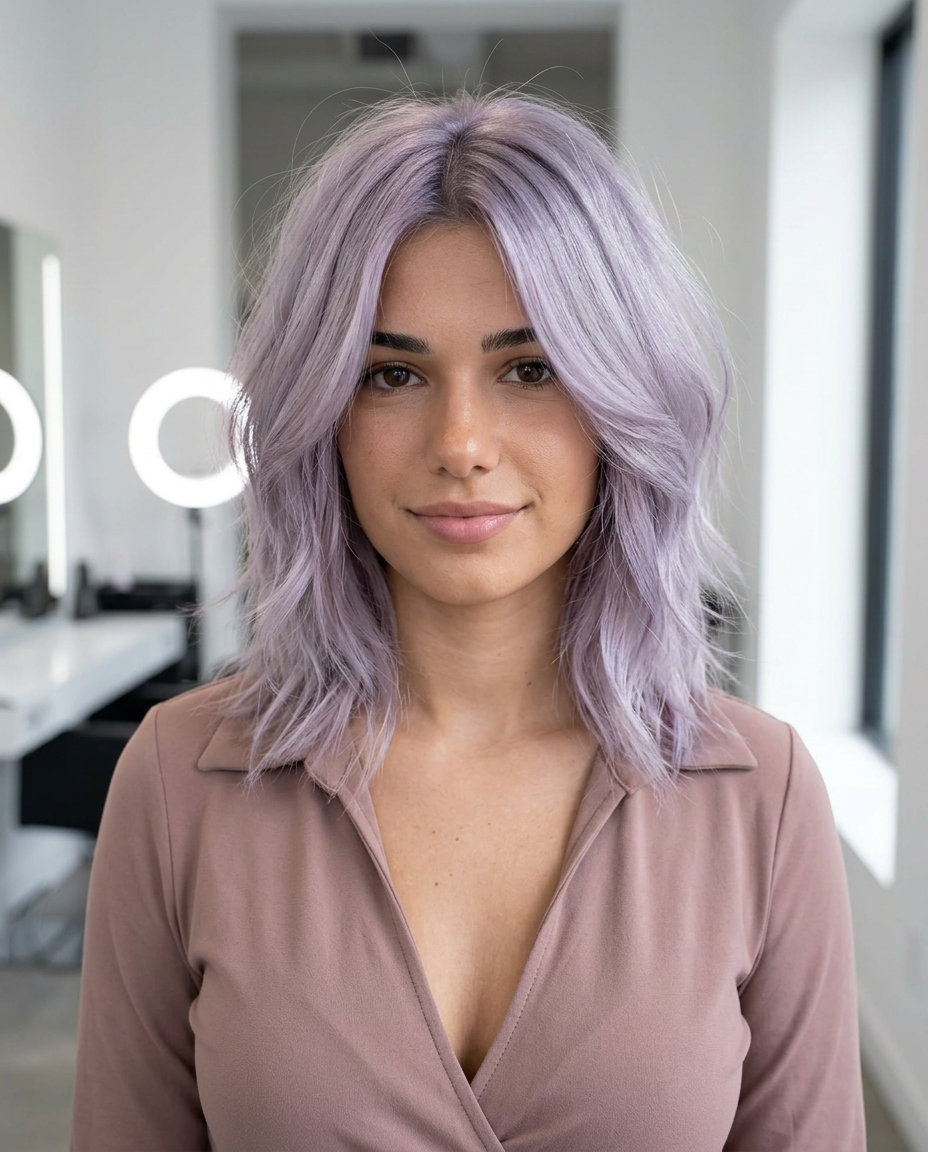 medium-length shag with frosted lavender and silver-violet undertones, shadow root technique — playful ethereal style
