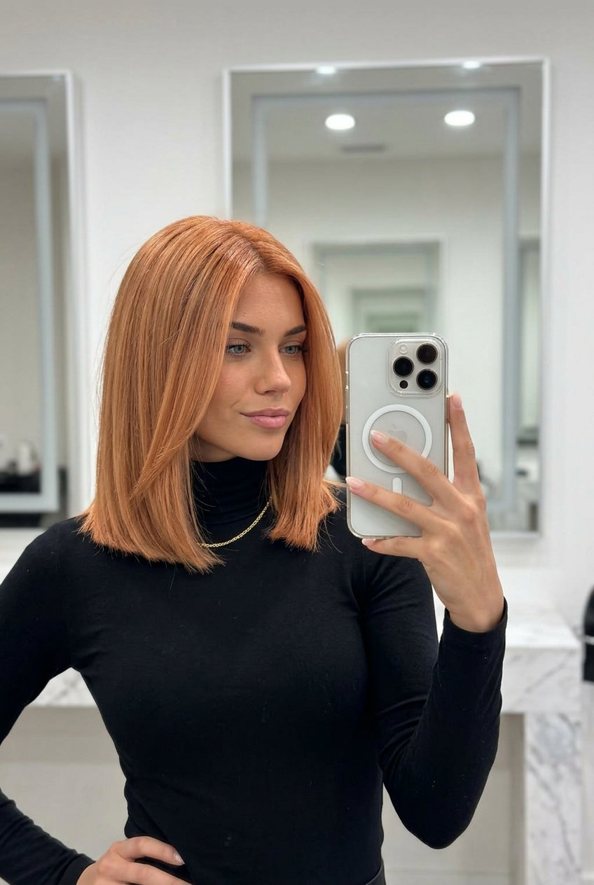 shoulder-length light auburn blunt cut with apricot undertones