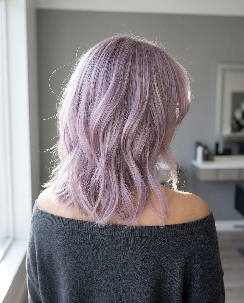 medium lilac lob haircut with silver root, shattered texture and curtain bangs for art gallery visit