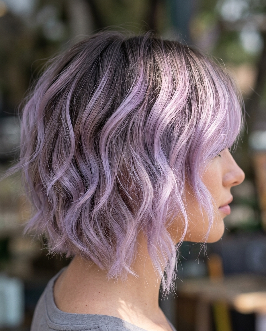 very short layered pixie haircut with charcoal to lilac ombré and natural waves for summer