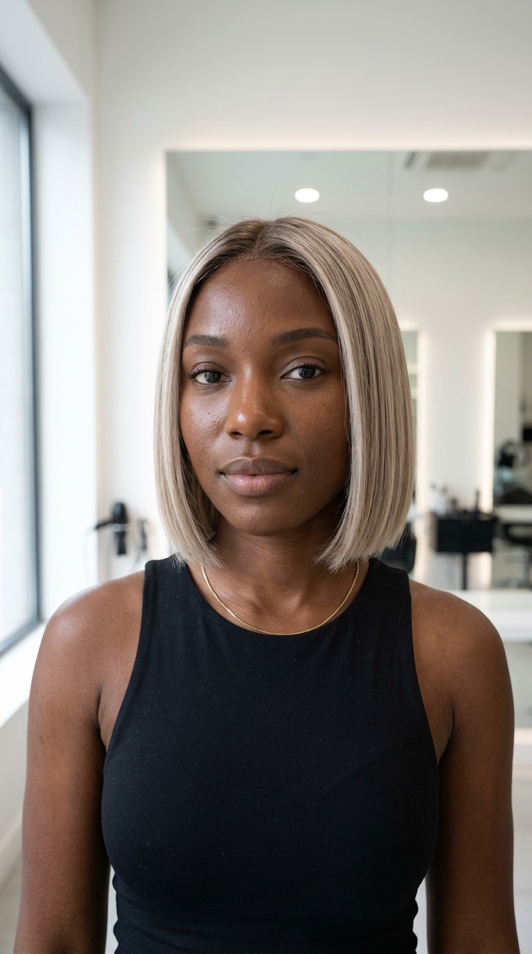 chin-length blunt bob haircut in cool linen blonde with ash beige toner, sharp perimeter, for professional event