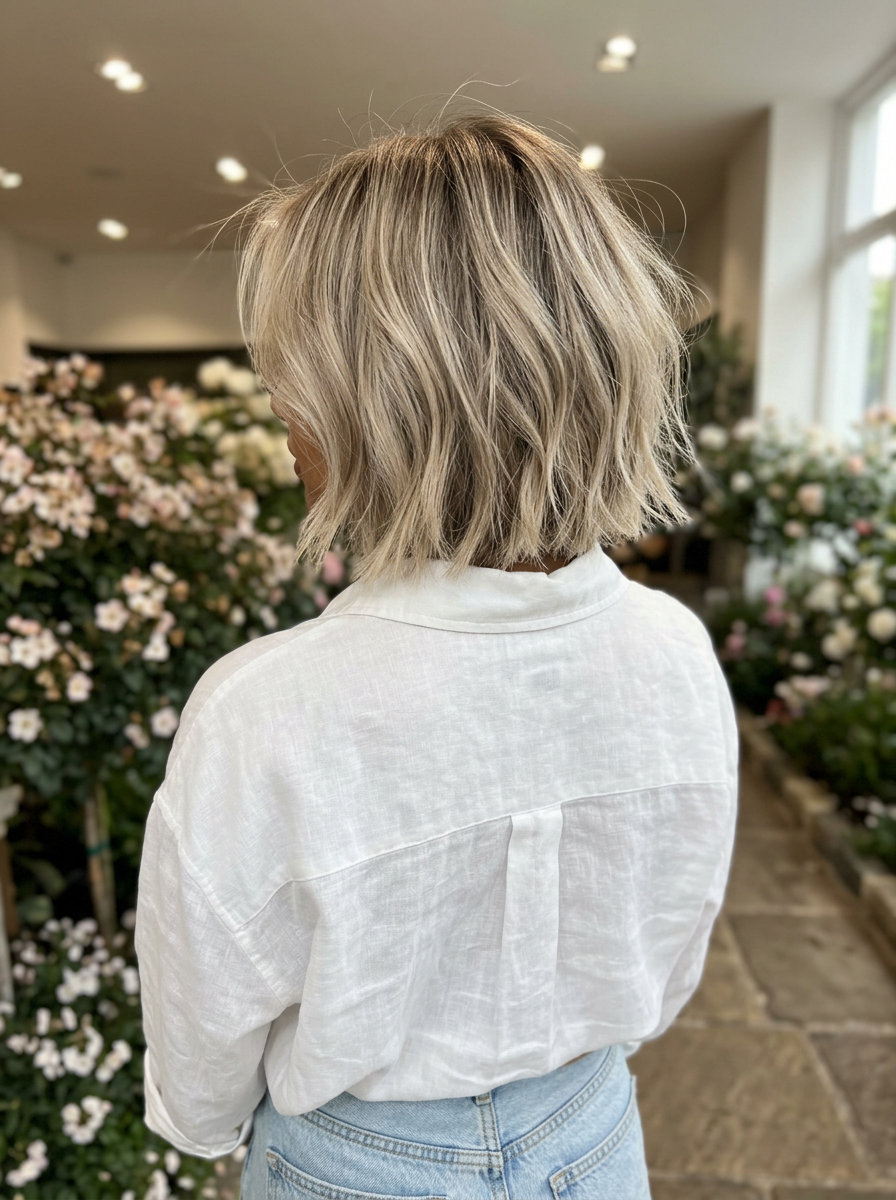 chin-length bob haircut in linen blonde with sandy beige undertones, tousled texture for summer