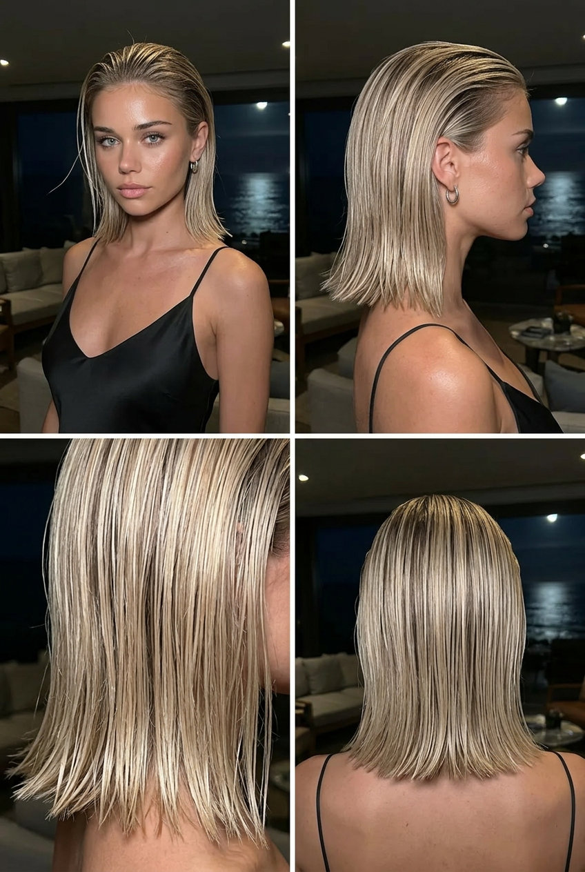 chin-length sandy linen blonde blunt lob with razor-cut ends for summer vacation